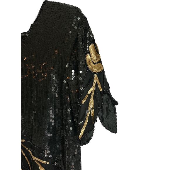 VTG Royal Feelings Medium Silk Beaded Sequined Black & Gold Floral Even Blouse - Picture 4 of 6